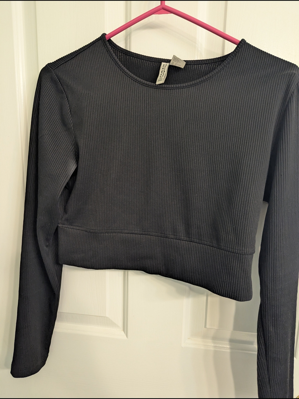 Divided Black Ribbed Long-Sleeve Cropped Top